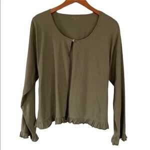 A.T.U.N. Ruffle Hem Open Front Evie Cardigan Long Sleeve Scoop Neck Cotton Olive